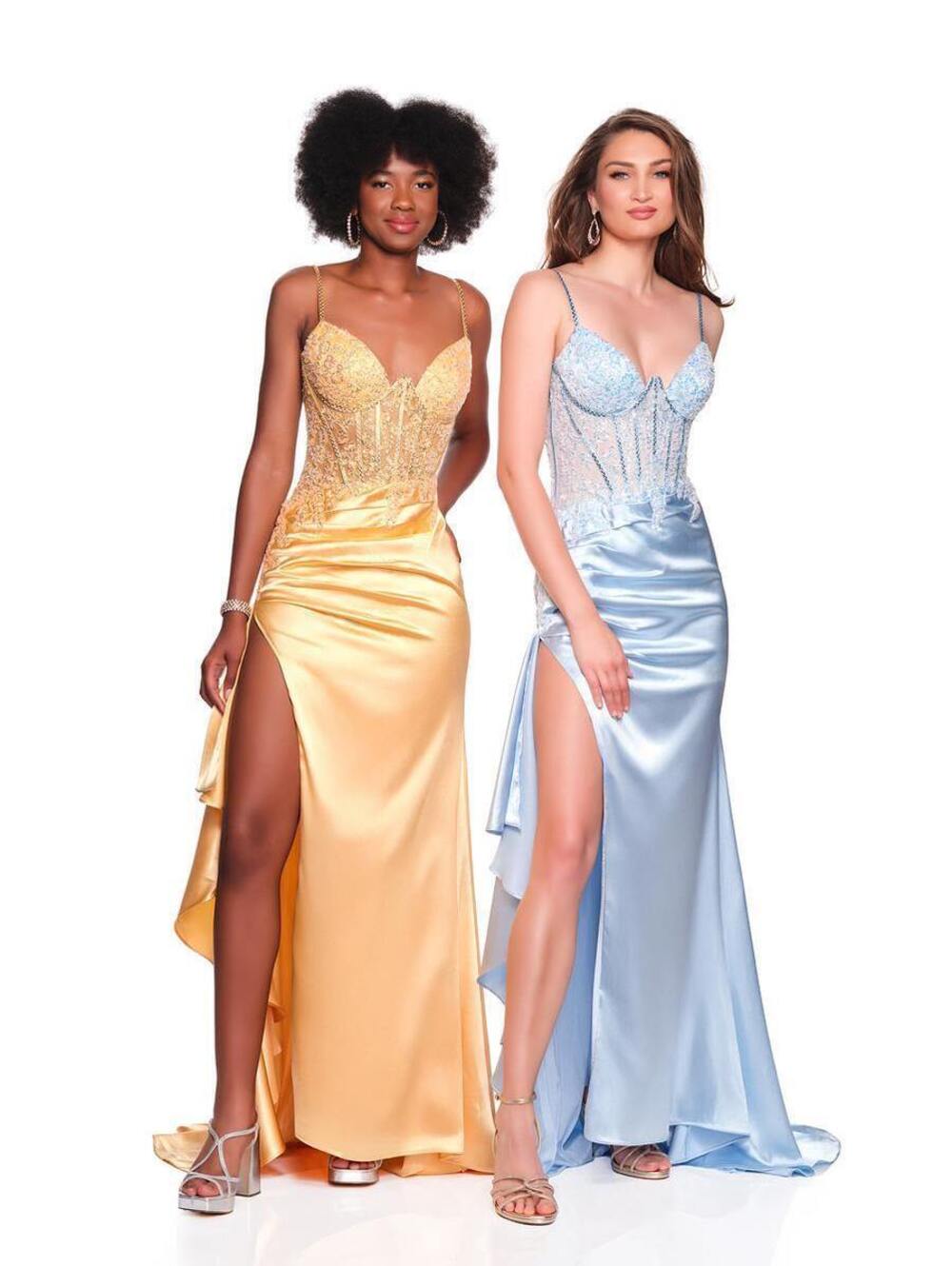 $740 Yellow Gold Satin Corset Prom Gown Beaded Slit Size 6 Formal Couture NWOT